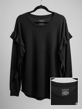 Westbound Black Waffle Knit Ruffle Sleeve Top Long Sleeve Crewneck size Large